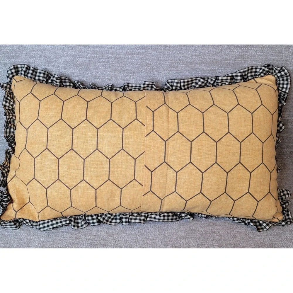 Farmhouse Embroidered Bee Honeycomb Lumbar Throw Pillow Black Gingham Ruffle